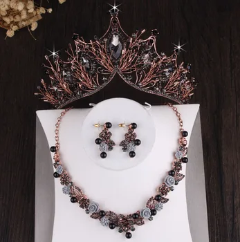 Baroko Black Crystal Gėlės Vestuvių Papuošalai Rinkiniai Vestuvių Karūna Rožančiai Auskarai Choker Karoliai Nustatyti Afrikos Karoliukai Papuošalų Rinkinys