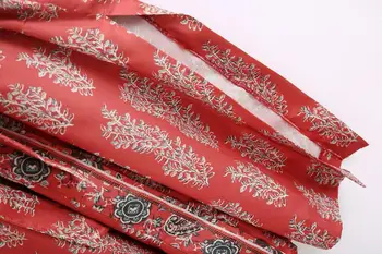 Bohemijos V kaklo, Žolės, Gėlių Spausdinti Ilgio Kimono Marškinėliai Etninės Jungiamąją Su Varčias Ilgai BOHO Cardigan Kaklaraištis Laivapriekio Palaidinė Viršūnės