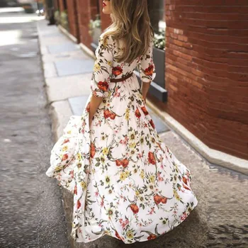 Boho Vasarą Moterys Seniai Maxi Suknelė Gėlių Spausdinti Paplūdimio Suknelės Elegantiškas Ponios Pusė Rankovės Šalies Sundress