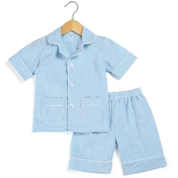 Boutique trumpas rankovės juostele namų sleepwear vaikams medvilnės seersucker vasaros pižama rinkiniai berniukų ir mergaičių pižamos