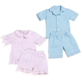 Boutique trumpas rankovės juostele namų sleepwear vaikams medvilnės seersucker vasaros pižama rinkiniai berniukų ir mergaičių pižamos