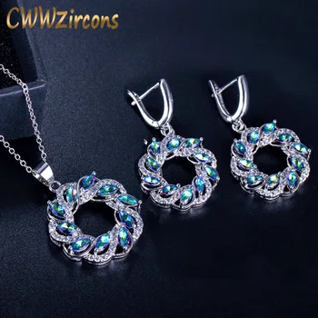CWWZircons Gražus Mistinis Light Blue Rainbow Crystal Didelis Lašas Pakabukas Karoliai Ir Auskarai Papuošalų Rinkinys Moterims T224