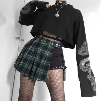Cool Punk Juoda Moteris Trumpa Palaidinukė 2020 Metų Vasaros Ledi Drakonas Spausdinti Ilgomis Rankovėmis Sagtis Pavasario Gotikinio Roko Viršuje Kinų Stiliaus Naujas