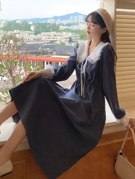 Cotday Linijos, Peter Pan Apykaklės Pavasario Temperamento Moteris Siauras Liemuo Elegantiškas Saldus Studentų Per Kelio Korėjos Stye Suknelė