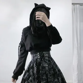 Cute Kačių Ausų Spausdinti Moterų palaidinukė 2020 Naują Atvykimo Streetwear Palaidinės Hoodies moterų negabaritinių hoodie Apkarpytos Puloveriai