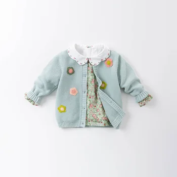 DBZ14795 dave bella rudenį kūdikiams, kūdikių mergaičių mados gėlių appliques cardigan vaikams, vaikiška kailio vaikams mielas megztas megztinis