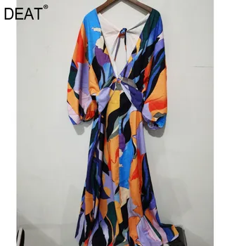 DEAT 2021 V-kaklo, žibintų rankovėmis kontrasto spalvas aukšto juosmens-line tuščiaviduriai iš atostogų vasaros suknelė moterų vestido WM6507L