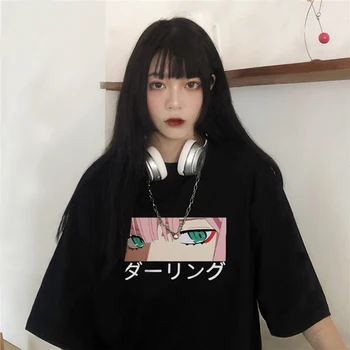 Darling į franxx anime Harajuku Nulis DU graži mergina spausdinti moterų viršūnių laisvi naujas vasaros trumpas rankovėmis chic moterų marškinėliai