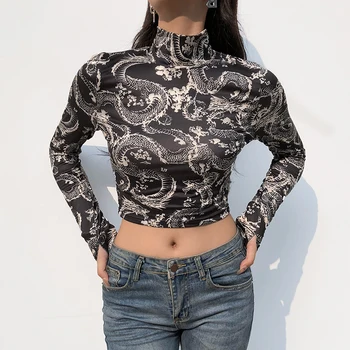 Darlingaga Stiliaus Kinijos Drakonas Spausdinti Bodycon Moteris Tshirts Streetwear Slim Rudenį Pasėlių Viršuje Basic Tee Golfo marškinėliai Naujas