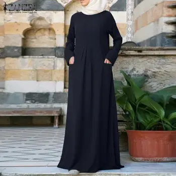 Derliaus Dubajus Abaja Turkija Suknelė, Hijab Moterų Rudenį Maxi Ilgas Vestidos ZANZEA Atsitiktinis ilgomis Rankovėmis Sundress Kaftan Musulmonų Suknelės