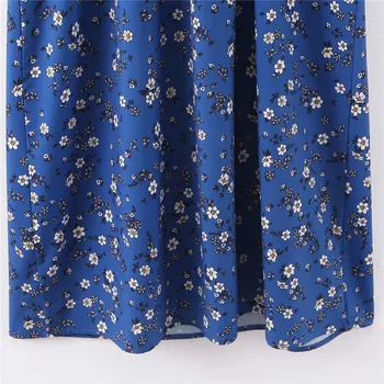 Derliaus prašmatnus gėlių modelio spausdinimo suknelė Krūtinės elastinga V-kaklo, ilgomis rankovėmis laisvalaikio drabužiai stilingas prašmatnus blue 