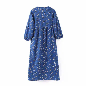Derliaus prašmatnus gėlių modelio spausdinimo suknelė Krūtinės elastinga V-kaklo, ilgomis rankovėmis laisvalaikio drabužiai stilingas prašmatnus blue 