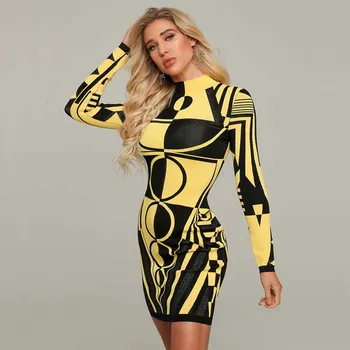 Didmeninė 2020 m. moters suknelė geltona žakardo ilgomis rankovėmis aukštos kokybės mados celebrity boutique kokteilis tvarstis suknelė