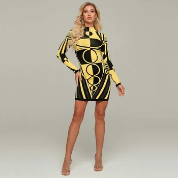 Didmeninė 2020 m. moters suknelė geltona žakardo ilgomis rankovėmis aukštos kokybės mados celebrity boutique kokteilis tvarstis suknelė