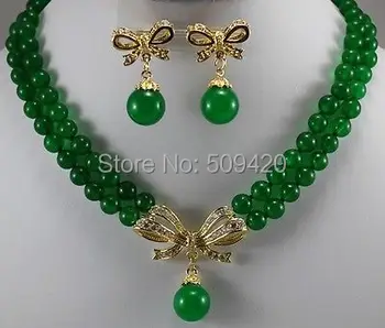 Didmeninė >2Strands naujas Geltonos Aukso fine jewelry Green jade naujos kartos Karoliai, Auskarai