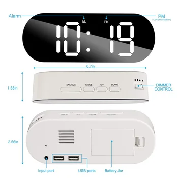 Dimmer, LED Laikrodis, Veidrodis Kelionės Laikrodis Atidėti Žadintuvo Skaitmeninis Stalo Laikrodis Miegamasis Pabusti Šviesos, Su Dual USB Įkroviklio Kabelį
