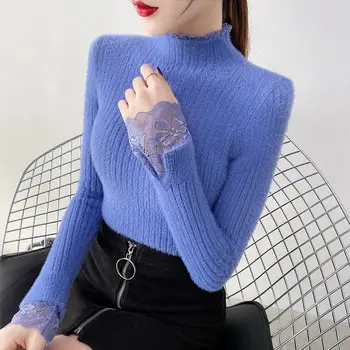 Dirbtinė mink aksominis džemperis moterims fall winter high kaklo nėrinių susiuvimo stora montavimo megzti dugno megztinis (puloveris)