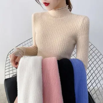 Dirbtinė mink aksominis džemperis moterims fall winter high kaklo nėrinių susiuvimo stora montavimo megzti dugno megztinis (puloveris)