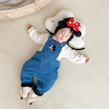 Disney Baby Berniukas Ir Mergaitė Drabužių Rudens-Žiemos Mickey Mouse Išsiuvinėti Kišenėje Džinsinis Kombinezonas Roupas Mielas Džinsai Kūno Kūdikių Rompers