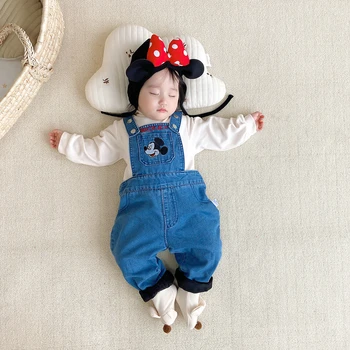 Disney Baby Berniukas Ir Mergaitė Drabužių Rudens-Žiemos Mickey Mouse Išsiuvinėti Kišenėje Džinsinis Kombinezonas Roupas Mielas Džinsai Kūno Kūdikių Rompers
