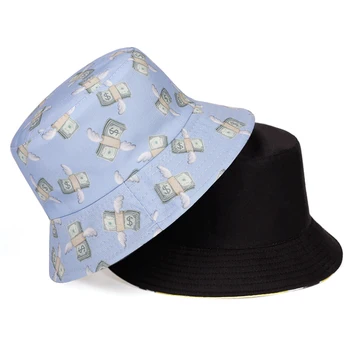 Doleris grafiti medvilnės žvejys skrybėlę naujas sulankstomas dvipusis nešiojami kibiro kepurę usd pinigų spausdinimo banga vyrų baseino skrybėlės