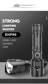 Dropshipping XHP100 LED Žibintuvėlis Zoom USB Įkrovimo Galios Ekranas galingiausių XHP90 Fakelas 18650 26650 Rankinei Light