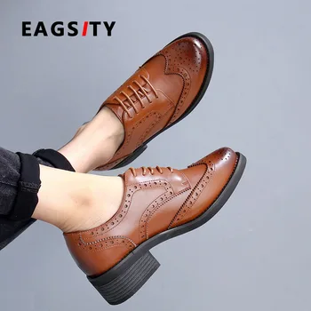 EAGSITY natūralios Odos oksfordo bateliai moterims nėriniai-up batai pažymėjo tne atsitiktinis mados ponios verslo suknelė bateliai rudos