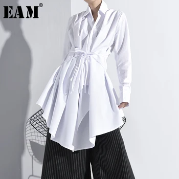 [EAM] Moterys Baltas Tvarstis Nesimetriškas Ilgas Palaidinė Naujas Atvartas ilgomis Rankovėmis Loose Fit Marškinėliai Mados Banga Pavasario Rudens 2021 A536