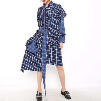 [EAM] Moterys, Mėlyna Nereguliarus didelio Dydžio Pledas Suknelė Naują Atvartas ilgomis Rankovėmis Palaidi Tinka Mados Banga Pavasario Rudens 2021 1D7580