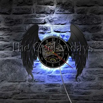 Elegantiškas Angelas Sparnų Vinilo Įrašas Sieninis Laikrodis Namų Dekoro Sienos Žiūrėti Angelas sargas Naktį LED Šviesos Mieguistas Lempos