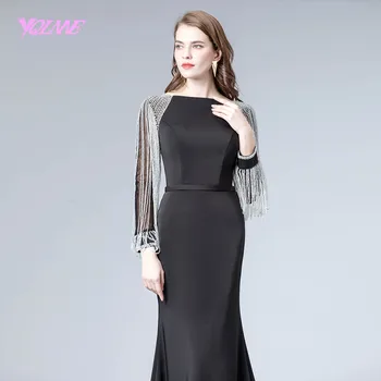 Elegantiškas Juodas Visas Rankovės Duobute vakarinę Suknelę Kristalai Oficialią Vakaro Suknelė Undinė Suknelės 2019 YQLNNE