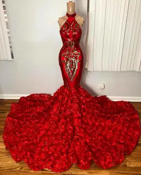 Elegantiškas Raudonas Undinė Prom Dresses Black Girl Afrikos Blizgančių Aukso China Aplikacijos 3D Gėlių Oficialų Vakare Gown vestidos largo