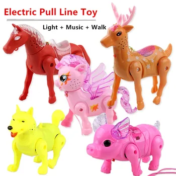 Elektros Traukti liniją gyvūnų žaislas Vienaragis Žirgas, Elnias, kiaulę ir Šunį, Su šviesa + muzika + Vaikščioti Su Traukos Virvė, Gyvūnų Žaislai Chi