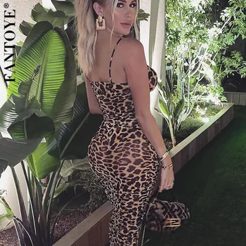 Fantoye Leopardas spausdinti Backless Moterų Maxi Suknelė Vasaros Seksualus Spageti Dirželis Gyvatė Spausdinti Suknelė Moterims Šalis Suknelės Vestidos