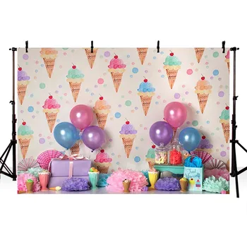 Fotografijos fonas gimtadienio balionas spalvingas ledų Desertas stalo Fone photobooth photocall foto studija
