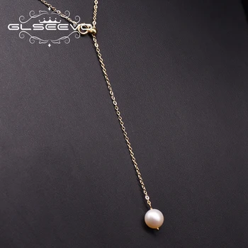 GLSEEVO Natūralių Gėlavandenių Perlų Ilgi Karoliai Moterų Vestuvių Vieno Perlų Pakabukas Paprasta Papuošalai Rankų darbo, Originalus Dizainas GN0251