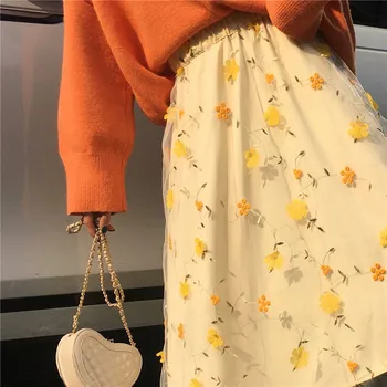Geltona 3D Gėlių Siuvinėjimo Nėrinių klostuotas sijonas Moterims Aukšto Juosmens Saldus Akių Ilgas Sijonas Moteris elegantiškais Midi tiulio sijonai lolita