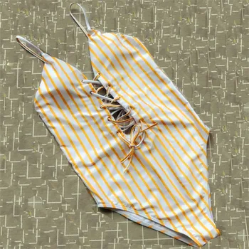Geltona Dryžuota Trikini 2019 M. maudymosi Kostiumėliai, Moterų vientisi maudymosi kostiumėlį 1 Monokini Giliai V Kaklo Plaukti Kostiumas Stebėjimo String Trinkelėmis Aukštos Kojos XL