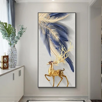Golden Deer Ir Plunksna Ant Drobės Spausdinti Tapybos Šiaurės Plakatas Sienos Meno Nuotrauką Kambarį Namo Apdaila Frameless