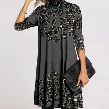 Golfo Šiltas Derliaus Veido Spausdinti Moterų Suknelė 2020 M. Žiemos Elegantiškas Ilgas Rankoves Kratinys Suknelės Moterų Atsitiktinis Palaidų Vestidos