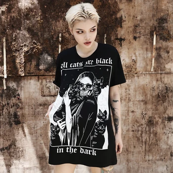 Gotikos Harajuku Ilgai T Marškinėliai Moterims Grunge Punk Negabaritinių marškinėliai Kaukolė Peinted Spausdinti Black Tshirts Streetwear Atsitiktinis Viršūnes Laisvas