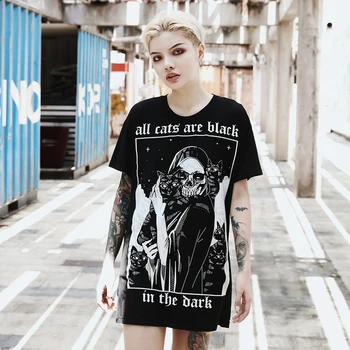 Gotikos Harajuku Ilgai T Marškinėliai Moterims Grunge Punk Negabaritinių marškinėliai Kaukolė Peinted Spausdinti Black Tshirts Streetwear Atsitiktinis Viršūnes Laisvas