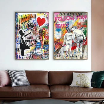 Grafiti Menas Abstraktus Mergina su Balionu Tapybos Drobės Gatvės Menas, Plakatų ir grafikos Sienos paveiksl Namų Dekoro Cuadros