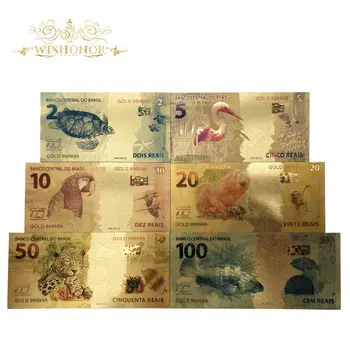 Gražus Produktus, 6pcs/set Spalva Brazilija Banknotų 2 5 10 20 50 100 Reals Aukso Banknotų į Auksą, Padengtą Replika Surinkimo