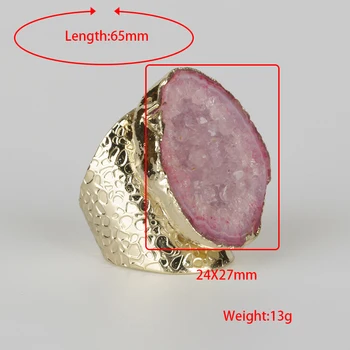 Gryno Aukso Spalvos Pūkuotą Šviesiai Žalias Baby Pink Geode Kvarco Kristalo Akmens Gabalas Granulių Žavesio Reguliuojamas Atidaryti Kalti Žiedo, Apyrankės Moterims