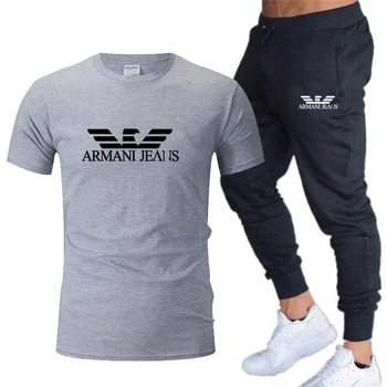 Grynos medvilnės vyriški marškinėliai + kelnės vyrams, prekės ženklo dviejų dalių track and field sportiniai, laisvalaikio T-shirt fitneso sporto tiktų vyrų j
