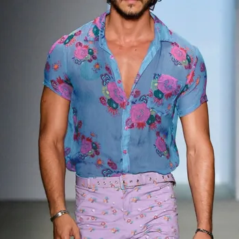 Gėlių Skaidrus Nėriniai Vien Marškinėliai Vyrams 2020 M Sexy Matyti Per Mens Suknelė Atsitiktinis Marškinėliai Trumpomis Rankovėmis Šalies Paplūdimio Atostogų Chemise
