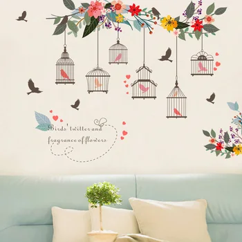 Gėlių vynuogių paukščių narvo Siena Lipdukas Gyvenimo kambario, miegamasis, Sofa fone, dekoracijos tapetai, Freskos Nuimamas lipdukai