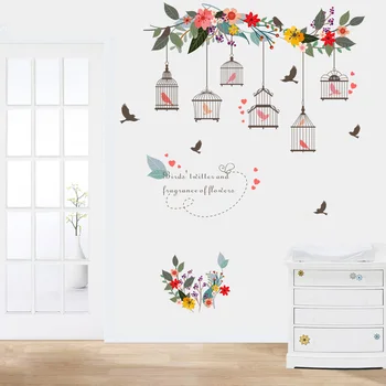 Gėlių vynuogių paukščių narvo Siena Lipdukas Gyvenimo kambario, miegamasis, Sofa fone, dekoracijos tapetai, Freskos Nuimamas lipdukai
