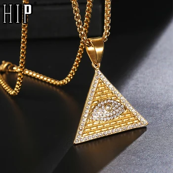 HIP-Hop Bling Lediniame Iš Masinu Iliuminatai Akių Karolius, Aukso Spalvos Trikampis Nerūdijančio Plieno Piramidės Karoliai Vyrų Papuošalai